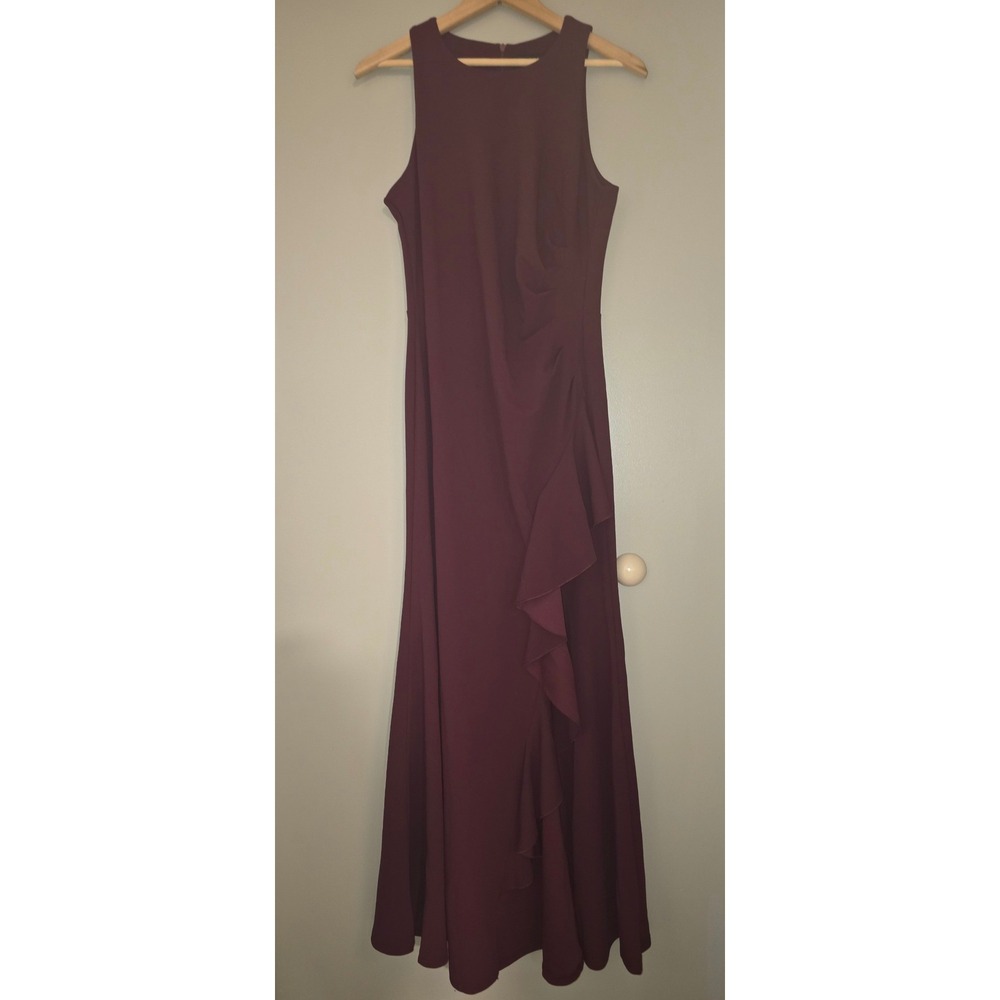 Woosea Burgundy High Neck Ruffle Slit Sleeveless Gown Maxi Dress Large NEW
